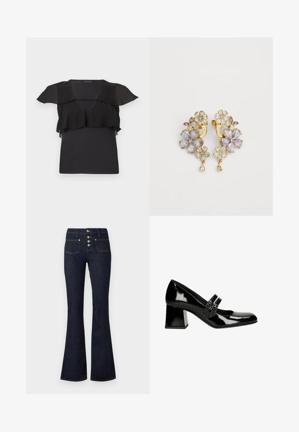 Zwart mouwloos topje met doorschijnende ruches over de schouders en borst, V-hals en een aansluitend silhouet.; Donkerblauwe high-waist flared jeans met knoopsluiting aan de voorkant, twee voorzakken en gele stiksels op een lichte achtergrond.; Zwarte gepatineerde leren Mary Jane hakken met een vierkante neus, twee gesp straps en een chunky hak. Soepele textuur met een glanzende afwerking.; Guess Oorbellen - yellow gold-coloured/multicolor