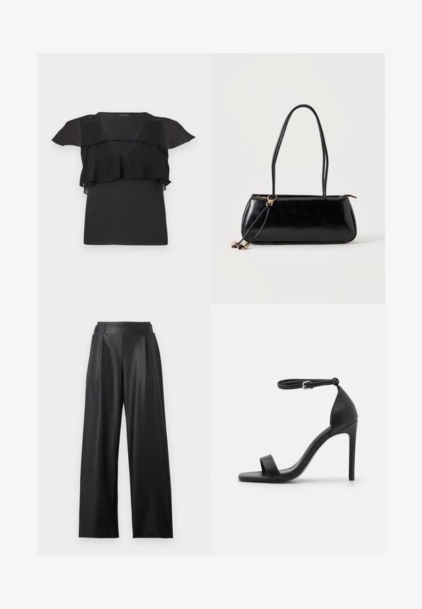 Schwarzes ärmelloses Oberteil mit transparentem Rüschen-Detail über Schultern und Brust, V-Ausschnitt und figurbetonter Silhouette.; Schwarze, weit geschnittene Hose aus Kunstleder mit hoher Taille, Knopfdetails am Bund und vorderen Falten.; Schwarze hochhackige Sandale mit elegantem Design, featuring einem Knöchelriemen, offener Zehenpartie und glattem Lederfinish.; Schwarze rechteckige Handtasche mit zwei langen Trägern, goldfarbenem Ringdetail und Reißverschluss auf hellem, einfarbigem Hintergrund.