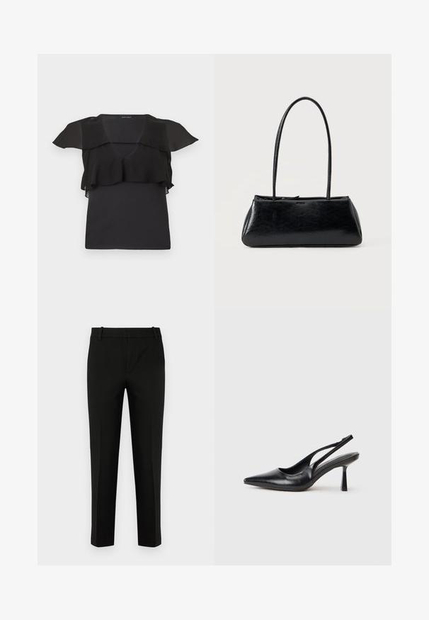 Zwart mouwloos topje met doorschijnende ruches over de schouders en borst, V-hals en een aansluitend silhouet.; Zwarte slim-fit broek, met een vlakke voorkant, zijzakken en een soepele textuur. Ontworpen met een gemiddelde taillehoogte en taps toelopende pijpen.; Zwarte leren slingback hoge hak schoenen met puntige neus en slanke hak op een witte achtergrond.; Zwarte rechthoekige schoudertas met lange dunne banden en een gladde, glanzende textuur op een effen achtergrond.