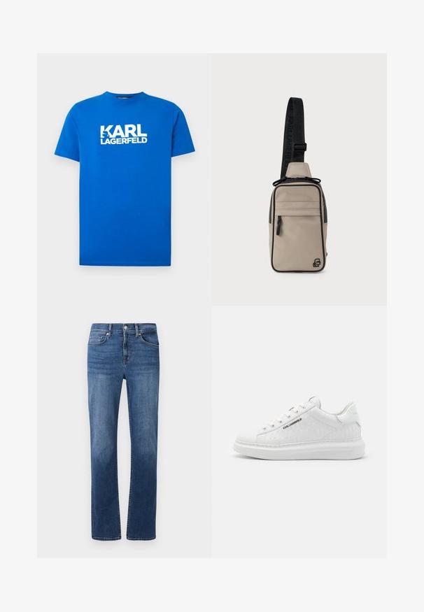 Blå bomulds t-shirt med korte ærmer og rund hals. Har hvidt trykt tekst "KARL LAGERFELD" på forsiden. Glat tekstur.; Mørkeblå denimjeans med lige ben, fem-lomme stil og kontraststing. Har en knap- og lynlåslukning.; Hvide sneakers lavet af glat læder med prægede mønstre. Har rund tå, snørebånd foran og struktureret sål. Sølvlogo detalje på siden.; Beige skuldertaske i stof med en sort rem med logo, lynlåslommer og et diskret emblem på forsiden.