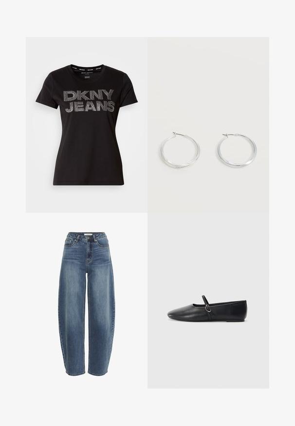Mustast pehmest puuvillast t-särk, millel on lühikesed varrukad ja ümara kaelusega, esiküljel metallikaktsentidega "DKNY JEANS" trükk.; Kõrge vöökohaga, lõdvalt istuvad sinised teksapüksid, mis on valmistatud denimist, varustatud nööbiga sulgemisega, viie taskuga ja kangas on kergelt fadeeritud.; Mustadest nahast balletitaldud, millel on terav nina, lame tald ja väike rihm koos hõbedase detailiga.; Hõbedased metallist rõngakujulised kõrvarõngad, millel on sile, kergelt kaarduv pind ja lukustuvad tagused kinnitused, valgel taustal.