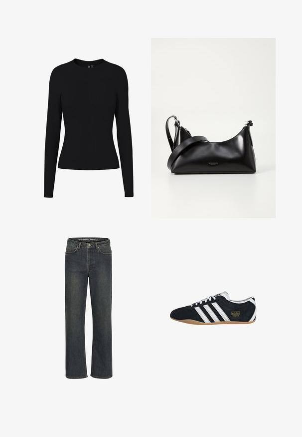 Zwart, aansluitend dameshemd met lange mouwen en ronde hals, gladde stof zonder zichtbare patronen of versieringen.; Donkerblauwe recht-been jeans van denim stof, met een middelhoge taille, vijf zakken en subtiele stiksels langs de naden.; Zwarte suède sneaker met witte drie strepen, gouden logo en een bruine rubberen zool. Heeft een laag profiel vetersluiting ontwerp.; Zwarte leren handtas met een gladde textuur. Beschikt over een verstelbare schouderband en een strak, minimalistisch ontwerp met een ritssluiting.
