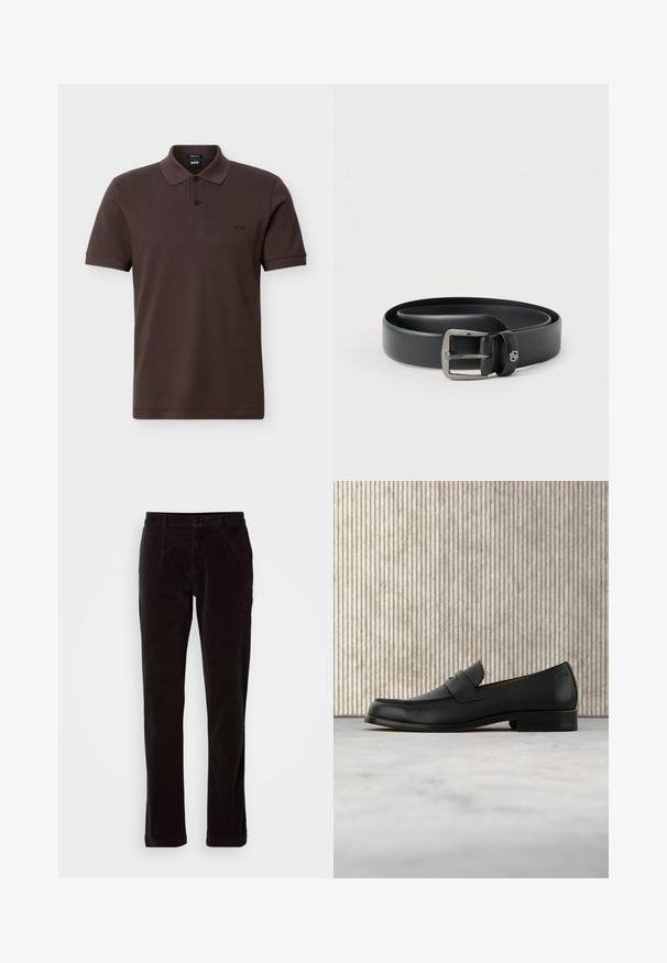 Braunes Polohemd mit kurzen Ärmeln, Kragen, zwei Knöpfen und kleinem, gesticktem "BOSS"-Logo auf der linken Brust.; Dunkelbraune Corduroy-Hosen mit geradem Bein, vorderen Taschen, Gürtelschlaufen, Knopfverschluss und Reißverschluss auf einem schlichten hellen Hintergrund.; Schwarzer Leder-Slipper schwebt über einem beigen Teppich, im Hintergrund ein glänzender, runder brauner Tisch.; Schwarzer Ledergürtel mit glänzender silberner Metallschnalle, glatter Textur und genähten Kanten. Verfügt über eine Schlaufe zum Sichern des Gürtelendes.