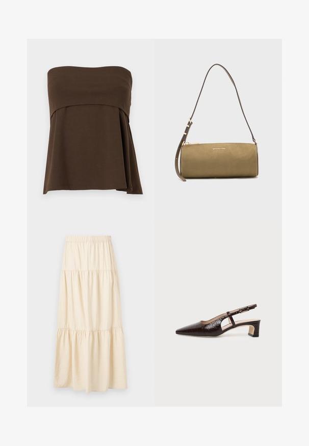 Top marron sans bretelles en tissu lisse, présentant un design drapé et un ourlet asymétrique pour un look moderne.; Jupe beige à volants avec une ceinture élastique et trois sections froncées créant une coupe fluide et ample.; Chaussure slingback en cuir marron foncé à texture crocodile, bout pointu, talon bas bloc et bride ajustable avec boucle dorée.; Sac à main cylindrique en cuir vert olive avec une fine sangle ajustable et un logo Michael Kors doré sur le devant.