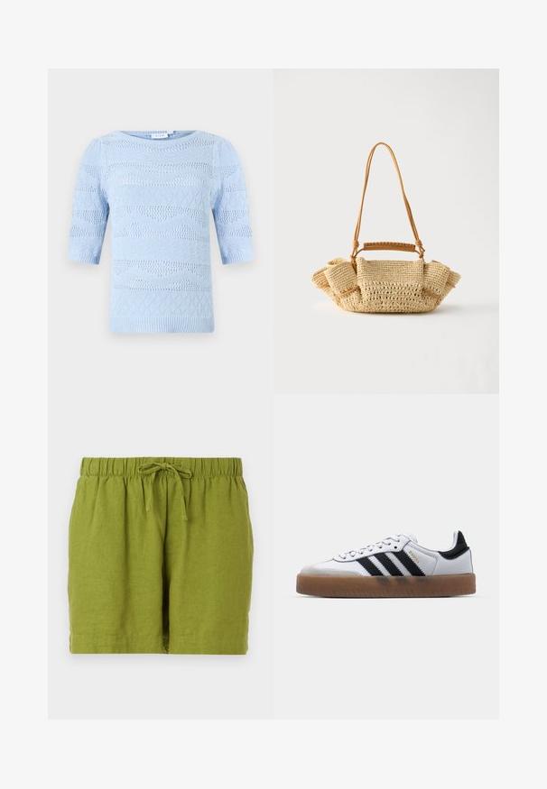 Pull en tricot bleu clair à manches courtes, présentant divers motifs texturés et des bords côtelés. Encolure ronde et design respirant.; Shorts en lin verts avec une taille élastique et un cordon de serrage ajustable, présentant une coupe décontractée et un ourlet droit.; Baskets en cuir blanc avec des rayures noires, semelle extérieure en caoutchouc beige, bout rond, fermeture lacée et embout en suède gris doux.; Sac à main beige tressé avec une longue lanière fine et des côtés froncés, avec une petite poignée enveloppée de cuir pour différentes options de port.