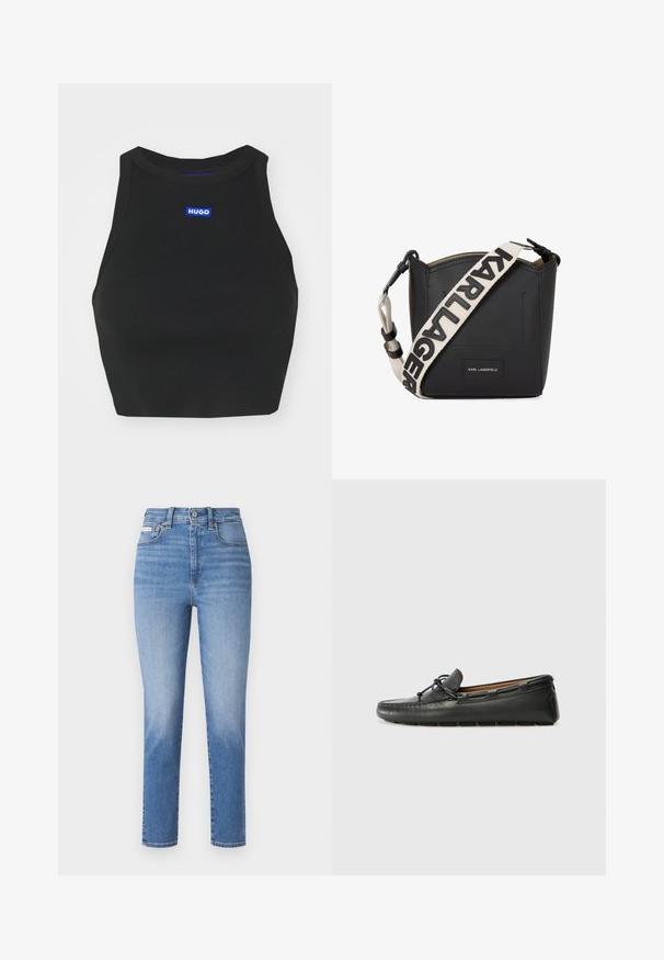 Sort ribbet crop top med høj hals og en blå "HUGO"-logo på forsiden. Stoffet er tekstureret og kropsnært.; Lyseblå denimjeans med høj talje, lige ben og subtile lysninger. Har bæltestropper, fem lommer og lukning med metalknap.; Sorte læder bådsko med afrundet tå, stikninger, lille sløjfedetalje og gummisål. Glat tekstur og strømlinet design.; Sort læder crossbody taske med en struktureret form. Har en kontrasterende cremefarvet rem, der viser "KARL LAGERFELD" i sort skrift.