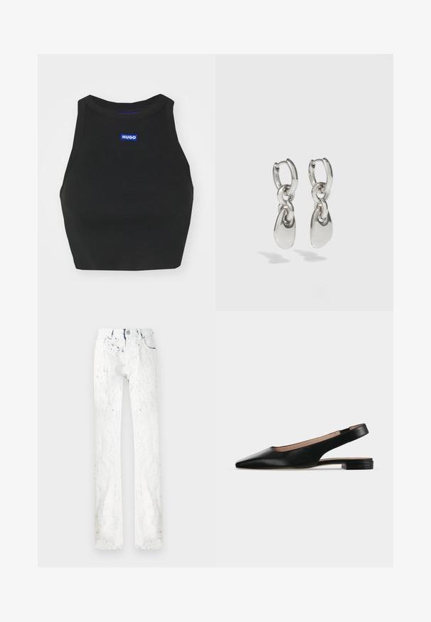 Zwart geribbelde crop top met een hoge halslijn, voorzien van een blauw "HUGO" logo aan de voorkant. De stof is textuur rijk en sluit nauw aan.; Witte jeans met een gestructureerde afwerking, voorzien van blauwe spatten, een rechte pijp, voorzakken en een riemlus in de taille.; Zwarte leren slingback platte schoen met spitse neus en lage vierkante hak op een witte achtergrond.; Zilveren hoepel oorbellen met langwerpige ovale schakels, met een gepolijste afwerking en een gestructureerde hanger. Eenvoudig ontwerp met gladde randen.