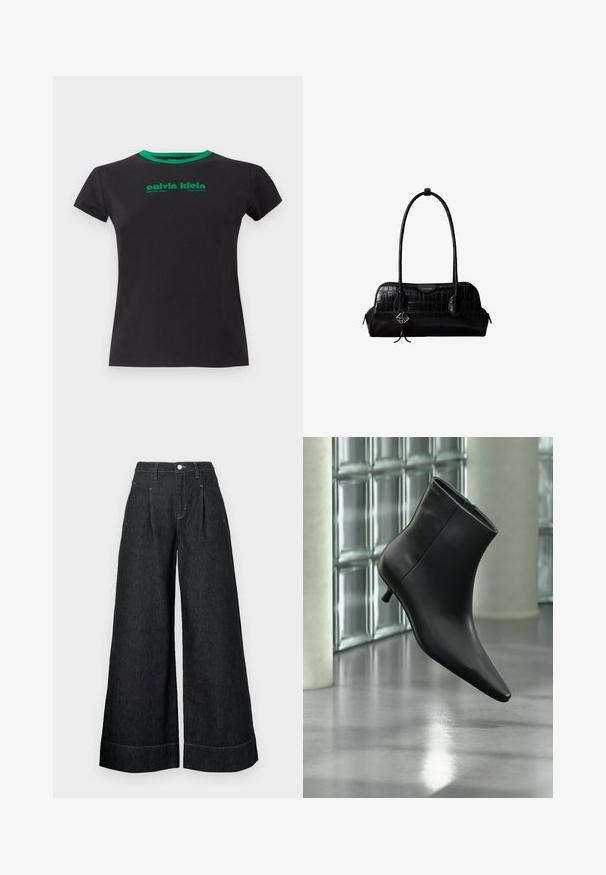 Čierne bavlnené tričko s krátkymi rukávmi a okrúhlym zeleným výstrihom. Obsahuje zelený potlačený text: "calvin klein, West 29th Street, New York City."; Široké čierne denimové nohavice s vysokým pásom, so záhybmi vpredu, zapínaním na gombík a kontrastným šitím na zakončeniach.; Čierna kožená členková čižma so špicatou špičkou a nízkym kitten podpätkom, zobrazená šikmo na pozadí leštenej podlahy a steny zo sklenených blokov.; Čierna kožená kabelka na rameno s krokodílou štruktúrou, dlhými remienkami a malým strieborným príveskom s logom na jednom remienku.