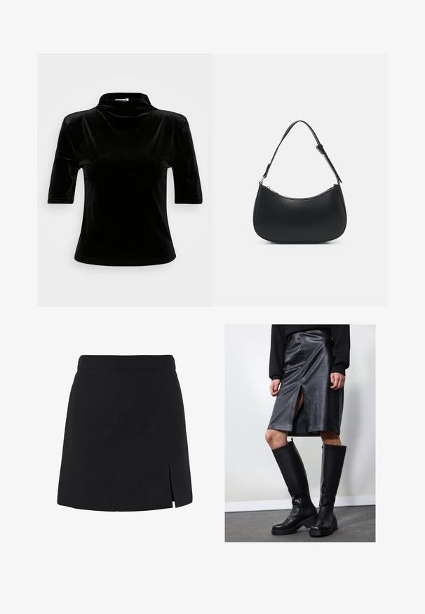 Noisy May NMALMA SHOULDER PAD - Camiseta estampada - black; Minifalda negra línea A con cintura alta y una pequeña abertura en el lado delantero derecho.; Falda lápiz de cuero negro con abertura frontal, combinada con botas negras hasta la rodilla con cremalleras y suela gruesa para mayor altura.; Pieces PCALUANA SHOULDER BAG - Bolso de mano - black