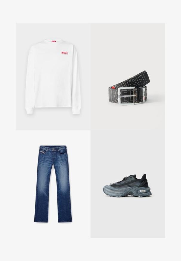 T-shirt en coton blanc à manches longues avec un logo rouge "DIESEL" sur le côté supérieur gauche de la poitrine. Encolure rond simple et coupe standard.; Jean en denim bleu avec une coupe droite, cinq poches et des coutures ton sur ton. Le tissu a une texture lisse avec une légère décoloration.; Baskets Diesel noires et grises avec semelle épaisse, système de laçage à bascule et design texturé sur fond gris clair uni.; Ceinture noire Diesel avec grand texte logo blanc, boucle rectangulaire en argent, et détail de boucle métallique brandée, enroulée sur un fond clair.