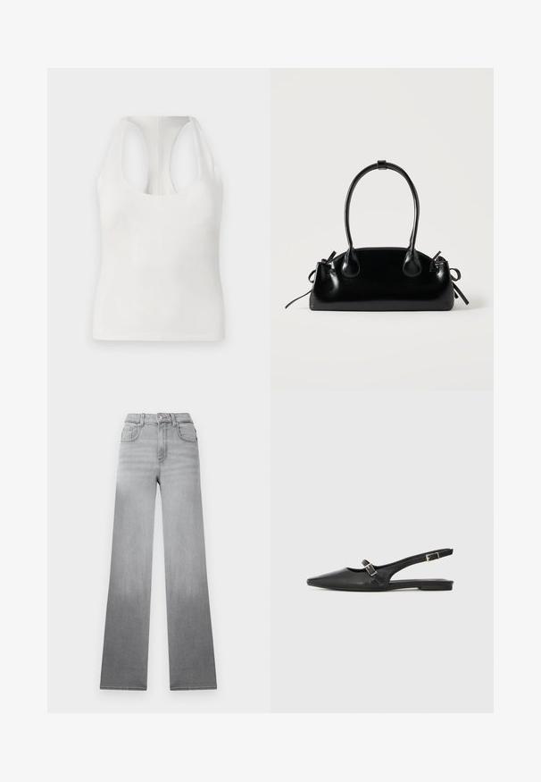 Top sin mangas blanco, fabricado con un tejido suave, que presenta un escote redondeado y un diseño tipo racerback, con una textura lisa y sin patrones visibles.; Jeans grises con un efecto ombré descolorido, diseño de cintura alta, estilo clásico de cinco bolsillos y piernas rectas y anchas hechas de tela de mezclilla.; Zapatos slingback de cuero negro con punta afilada, que cuentan con una correa estrecha y un detalle de hebilla plateada en el lateral. Suela plana.; Pequeño bolso negro brillante con dos asas largas y detalles de cordón lateral sobre un fondo claro liso.