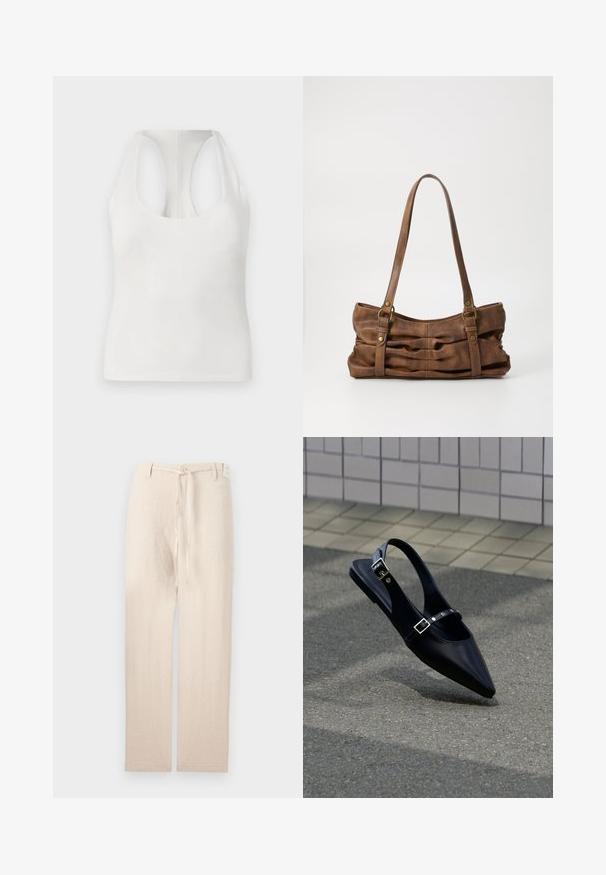 Top sin mangas blanco, fabricado con un tejido suave, que presenta un escote redondeado y un diseño tipo racerback, con una textura lisa y sin patrones visibles.; Pantalones de lino beige con un diseño de pierna recta, que presentan un cierre de botón y una corbata de tela en la cintura, ofreciendo una apariencia ligera y texturizada.; Zapato plano negro de punta puntiaguda con tiras de doble hebilla y talón descubierto, descansando sobre asfalto gris cerca de una pared con azulejos.; Even&Odd by Zalando Bolso de mano - brown