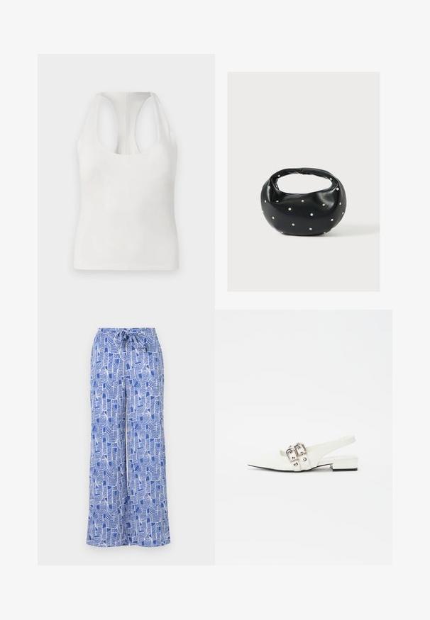 Weißes, ärmelloses Top aus weichem Stoff mit rundem Ausschnitt und Racerback-Design, glatte Textur und ohne sichtbare Muster.; Weite, blaue Hosen mit Muster und elastischem Kordelzug, aus leichtem Material mit weißen abstrakten Linienstreifen.; Weiße Leder Slingback-Schuhe mit spitzem Zehenbereich, silbernen Schnallenakzenten und einem niedrigen Blockabsatz. Glatte Textur mit minimaler detaillierung.; Schwarze Lederhandtasche mit abgerundeter Form, verziert mit silbernen Nietenakzenten und kurzem Griff. Glatte Struktur und Reißverschlussverschluss.