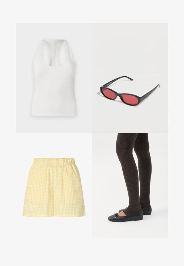 Haut sans manches blanc en tissu doux, avec un décolleté arrondi et un design dos nageur, texture lisse et sans motifs visibles.; Short vichy jaune et blanc avec taille élastique, coupe décontractée et ouvertures de jambes droites.; Jambes portant des leggings côtelés foncés associés à des ballerines noires avec de petits détails en nœud sur fond blanc.; Lunettes de soleil ovales noires avec des branches fines et des verres teintés rouges posées sur une surface blanche.