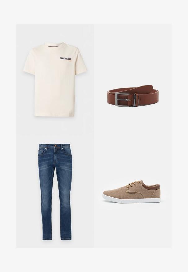 Lühikeste varrukatega helevalge ümara kaelusega T-särk väikese "Tommy Hilfiger" logoga ja kirjaga ülemisel vasakul rinnal.; Tumed sinise denimi teksad, sirge lõikega, viie taskuga, kerge kulumisjälg ja kontrastvärviline õmblus, nööpkinnitus vööl.; Bežist kanga sneaker, mille pruuni nahast aktsentide, valge tallaga, ümmarguse toes ja kuue metallist silmaga paelte jaoks. Sujuva tekstuuriga ülemise disain.; Pruun nahast vöö sileda tekstuuriga, millel on hõbedane metallist pandla ja minimalistlik disain. Vööl on ümar ots ja täpsed õmblused.