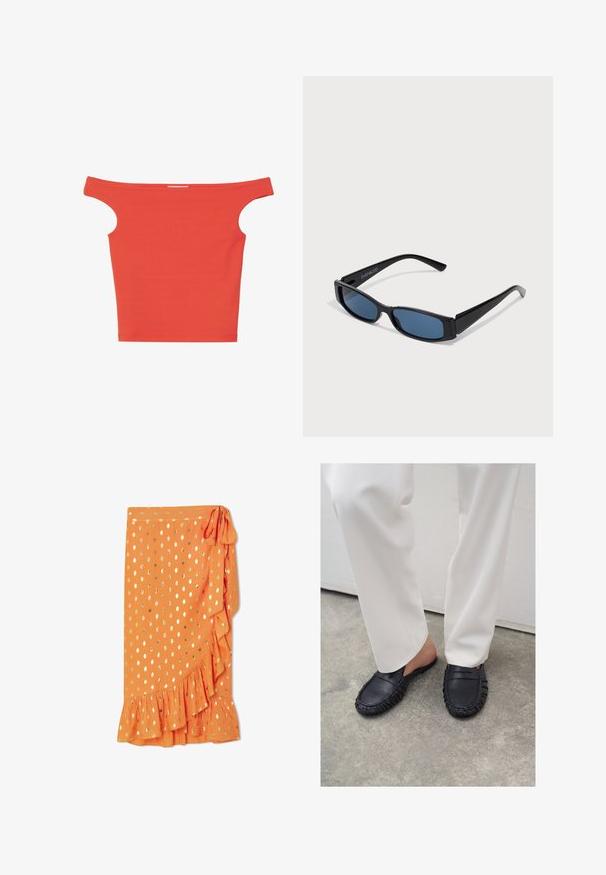 Rød off-the-shoulder top lavet af strækstof. Har udsnit ved skuldrene og en tætsiddende overdel. Ingen synlige mønstre eller metaldetaljer.; Orange wrap nederdel med guld polka prikker, flæsekant og sidebinding. Lavet af letvægtsstof, der har en glat tekstur.; Person iført hvide bukser og sorte læder slip-on loafers, der står på betongulv.; Sorte solbriller med en slank rektangulær ramme og blå linser. Har en glat overflade og robuste stænger. Mærkets logo på siden.