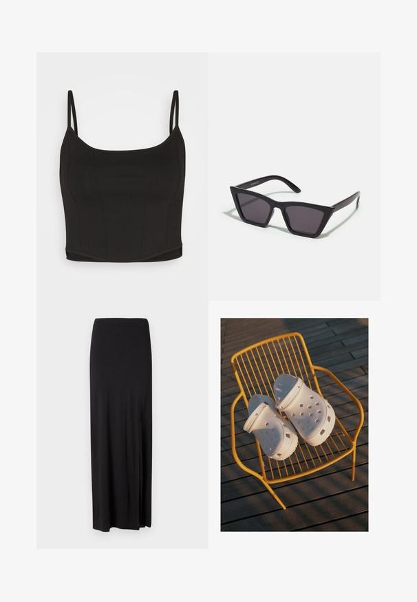 Even&Odd Débardeur - black; Jupe maxi noire en matériau doux et élastique. Elle présente une fente latérale et un design simple et épuré sans embellissements.; Des sabots Crocs blancs présentent un design perforé, des semelles plates et des sangles de talon réglables, reposant sur une chaise en fil jaune contre un sol en bois.; Lunettes noires angulaires avec des verres gris ; fabriquées en plastique, avec des branches épaisses à la surface lisse et sans matériel visible.