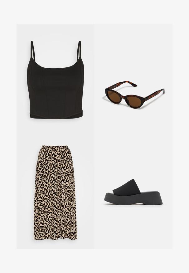 Even&Odd Top - black; Leopartrykt midi-nederdel i beige og sort. Har en elastisk talje og en plisseret design for øget bevægelse og pasform.; Call it Spring VENISE B.E.D FOAM - Mules med hæl - black; Brune skildpadde solbriller med en vintage katteøje-form og brune linser. Har buede arme med røde detaljer.