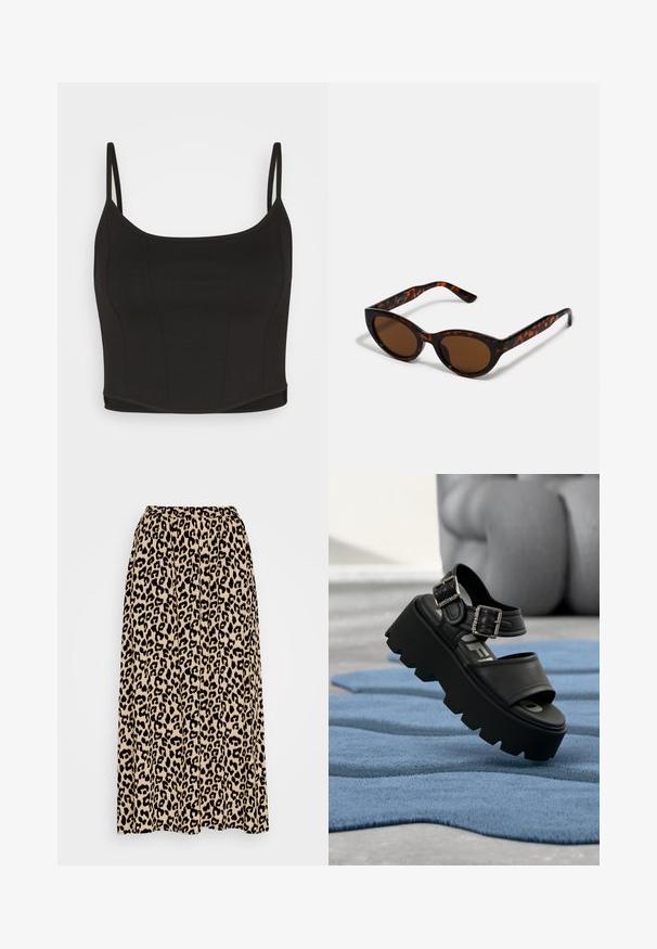 Even&Odd Top - black; Leopartrykt midi-nederdel i beige og sort. Har en elastisk talje og en plisseret design for øget bevægelse og pasform.; Sort chunky platformsandal med to sølvspænder på blåt tekstureret tæppe, sløret grå skulptur i baggrunden.; Brune skildpadde solbriller med en vintage katteøje-form og brune linser. Har buede arme med røde detaljer.