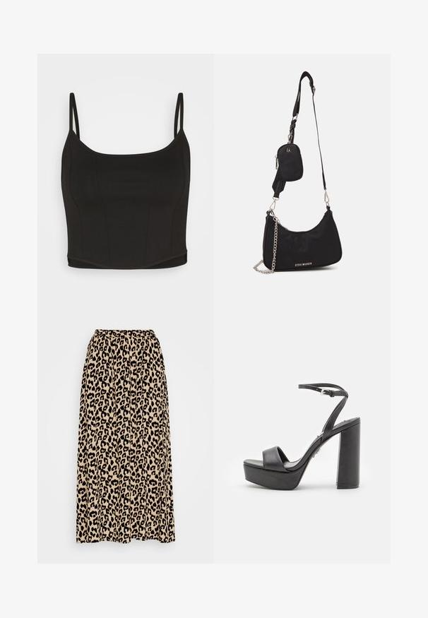 Even&Odd by Zalando Top - black; Leopartrykt midi-nederdel i beige og sort. Har en elastisk talje og en plisseret design for øget bevægelse og pasform.; Sorte platform højhælede sandaler med åben tå, bred forreste rem og justerbar ankelrem. Glat læderfinish og chunky blokhæle.; Sort nylon skuldertaske med en buet form, sølvfarvet kædeaccent, aftagelig mini-pung og justerbar rem; prydet med "Steve Madden" logo.