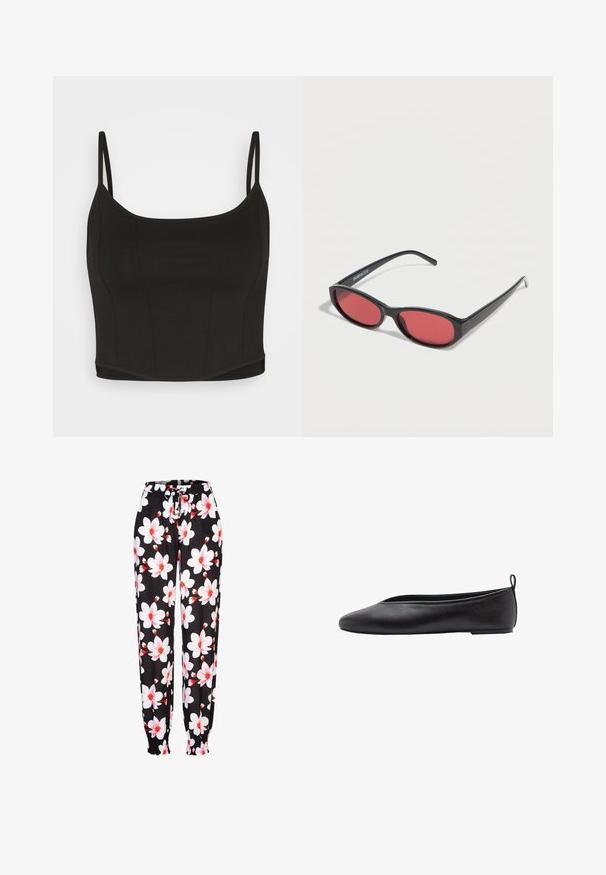 Even&Odd Débardeur - black; Pantalons en tissu noir avec un motif floral blanc et rouge, taille élastique avec cordon de serrage, et poignets froncés. Matière légère.; Ballerine plate en cuir noir avec un bout arrondi, un design élégant, une semelle mince et une petite boucle à l'arrière pour un enfilage facile. Texture lisse sur toute la surface.; Lunettes de soleil ovales noires avec des branches fines et des verres teintés rouges posées sur une surface blanche.