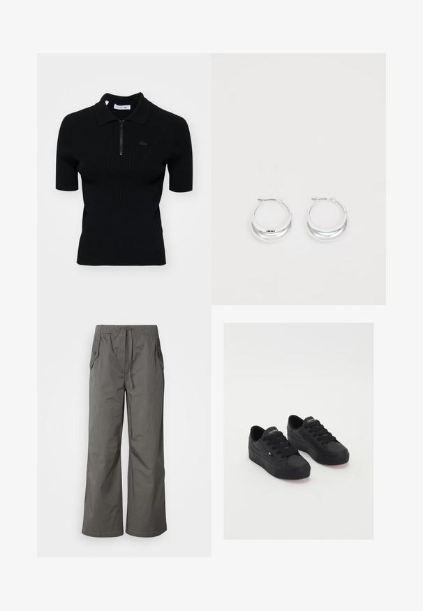 Sort ribbet polo shirt med korte ærmer, lynlås krave og en diskret logo detalje. Lavet af tekstureret strikmateriale.; Grå vide benbukser lavet af letvægtsstof, der har elastisk talje, snor og to sidelommer med knap-accenter.; Sorte lavtop sneakers lavet af glat materiale, med tykke snørebånd, en struktureret sål og et lille logo på siden og tungen.; Sølv hoops øreringe med en poleret overflade og DKNY branding, præsenteret mod en simpel hvid baggrund.