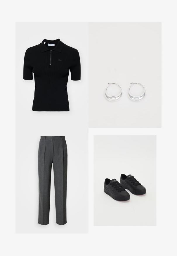 Polo negro de canalé con mangas cortas, cuello con cremallera y un sutil detalle de logo. Confeccionado en material de punto texturizado.; Pantalones grises ajustados hechos de una tela texturada. Presentan una cintura alta, pliegues frontales y piernas anchas con un corte recto.; Zapatillas bajas negras de material suave, con cordones gruesos, una suela texturizada y un pequeño logo en el lateral y la lengüeta.; Pendientes de aro de plata con un acabado pulido y la marca DKNY, exhibidos sobre un fondo blanco liso.