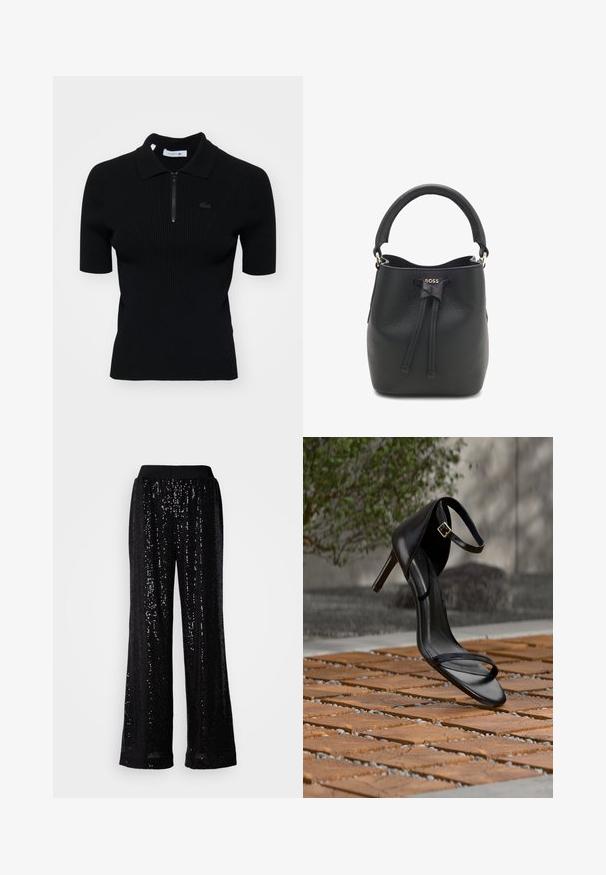 Polo negro de canalé con mangas cortas, cuello con cremallera y un sutil detalle de logo. Confeccionado en material de punto texturizado.; Pantalones de pierna ancha negros con lentejuelas, con una cinturilla de elastano texturizada, que presentan una superficie brillante y un diseño de longitud completa.; Sandalia negra de tacón alto con correa en el tobillo, parece suspendida sobre un suelo de baldosas de madera al aire libre, con un fondo difuminado de vegetación y piedra.; Bolso tipo saco de cuero negro con superficie texturizada, asa redondeada, cierre con cordón y detalle de logo dorado en el frente.