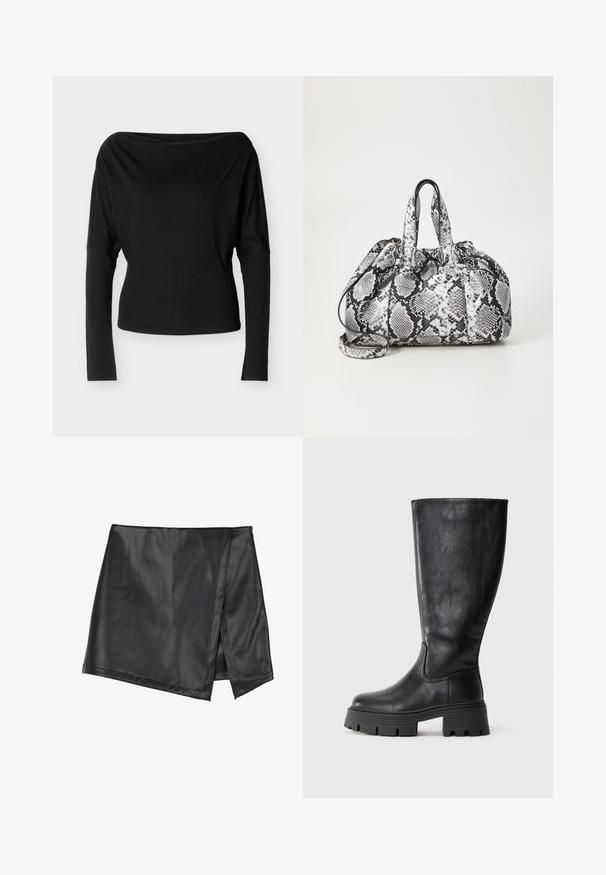 Schwarzes Langarmoberteil mit einem Bootsausschnitt und taillierter Passform, flach auf einem hellen Hintergrund präsentiert.; Even&Odd Minirock - black; Schwarze kniehohe Stiefel aus glattem Leder mit einer dicken, strukturierten Sohle und dezenten Nahtdetails an der Außenseite.; Schwarz-weiße Handtasche im Schlangenhautmuster mit zwei Griffen, einem Kordelzugverschluss und einem abnehmbaren Schultergurt. Glatte Textur.