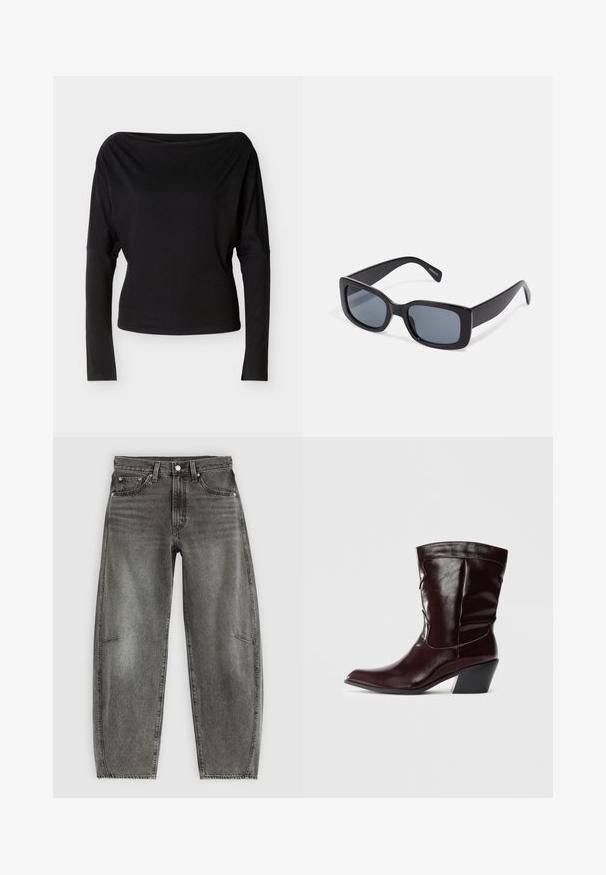 Schwarzes Langarmoberteil mit einem Bootsausschnitt und taillierter Passform, flach auf einem hellen Hintergrund präsentiert.; Hochtaillierte, grau gewaschene Jeans aus Denim mit fünf Taschen, Knopfverschluss und einer lässigen, geraden Passform.; Bordeauxfarbene Leder-Stiefeletten mit spitzem Schnitt, strukturierten Oberflächen und einem schmalen, niedrigen Absatz. Verfügen über dezente Nähte und einen engen Sitz.; Schwarze rechteckige Sonnenbrille mit dunkel getönten Gläsern, dickem Kunstrahmen und breiten Bügeln. Glatte Oberfläche und kantiges Design.