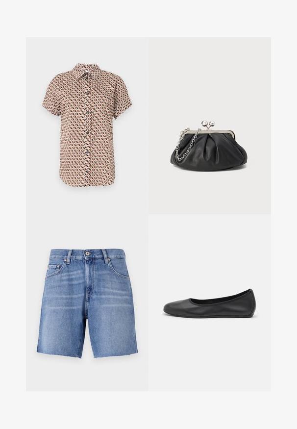 Kortærmet skjorte med knapper med brunt, hvidt og sort geometrisk trekantet mønster på en neutral baggrund.; Lyseblå denimshorts med lige snit, rå kant, fem lommer og metalknaplukning. Stoffet har en glat tekstur med let falming.; Sort læderballetsko med rund tå, glat tekstur, minimal syning og et fleksibelt såldesign.; Sort læder clutch med samlet tekstur, sølvfarvet metalramme, kys-lås lukning og kædestrop. Glat, blød overflade.