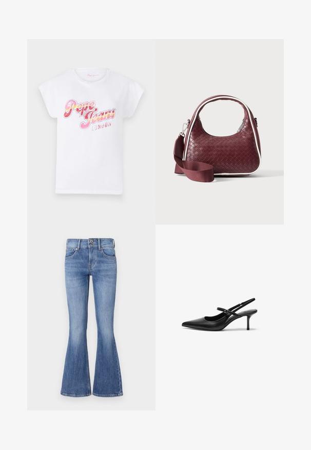 Camiseta de algodón blanca con mangas cortas enrolladas que presenta un estampado gráfico multicolor de "Pepe Jeans London" en tonos rosa y naranja.; Vaqueros de denim azul de corte acampanado con una cintura de media altura, cinco bolsillos y un lavado claro. Presentan un suave desvanecimiento y costuras en contraste.; Zapatos de tacón slingback de cuero negro con punta afilada, correa ajustable delgada y un tacón de aguja de aproximadamente 5 cm, textura suave.; Bolso de mano de cuero tejido color granate con asa curva, ribete blanco, cremallera plateada y correa desmontable de tela ancha para el hombro sobre fondo liso.