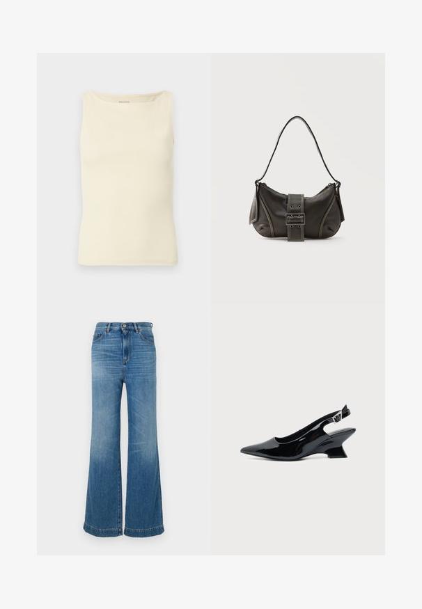 Hellcremefarbenes Tanktop aus Rippstoff mit quadratischem Ausschnitt und ärmellosem Design. Keine sichtbaren Logos oder Muster.; Helle blaue Schlagjeans aus Denim mit hoher Taille, fünf Taschen, passender Naht und rohem Saum.; Schwarzer Slingback-Schuh aus Lackleder mit spitzer Spitze und niedrigem, schrägem Blockabsatz auf einfachem hellem Hintergrund.; Schwarze Leder-Schultertasche mit Schnallengurt-Detail, abgerundeten Kanten und kontrastierenden weißen Nähten auf schlichtem Hintergrund.