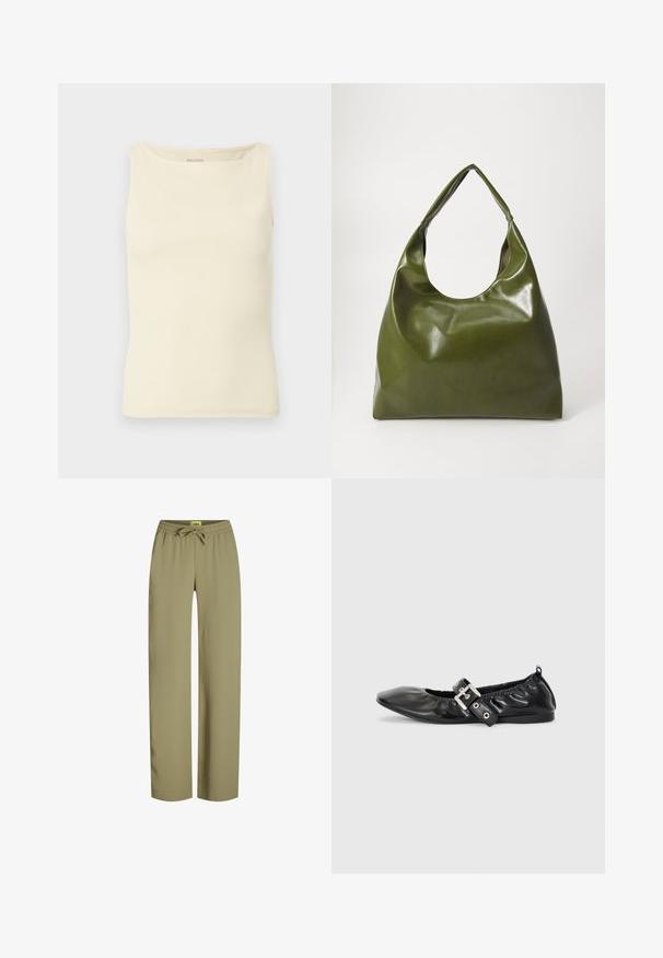 Lysecreme farvet tanktop lavet af ribstrikket stof med firkantet udskæring og ærmeløs design. Ingen synlige logoer eller mønstre.; Grønne, løstsiddende bukser med elastisk talje og justerbar snor. Lavet af blødt stof med lige ben og ingen synlige lommer.; Sorte læder flade sko med spids tå, samling detaljer omkring åbningen, og en sølv spænde accent på den justerbare rem.; Grøn læder hobo taske med en slouchy design, buet håndtag og glat tekstur. Indeholder ingen synlig hardware eller accenter.