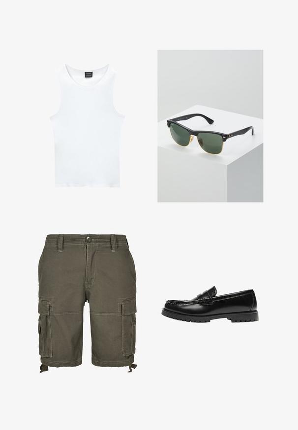 Weißes ärmelloses Tanktop aus geripptem Baumwollmaterial. Hat einen gerundeten Ausschnitt und eine glatte Textur. Das Etikett trägt die Aufschrift "PULL&BEAR."; Olivgrüne Cargo-Shorts aus strapazierfähigem Stoff, mit mehreren Seitentaschen, Gürtelschlaufen und genähten Details für zusätzliche Textur.; Schwarzer Leder-Slipper mit dicker Gummisohle und klassischem Penny-Detail an der Riemen, von der Außenseite gezeigt.; Ray-Ban Sonnenbrillen mit grünen Gläsern, schwarzen Kunststoffrahmen und goldenen Akzenten an den Rändern. Quadratische Form mit matter Oberfläche.