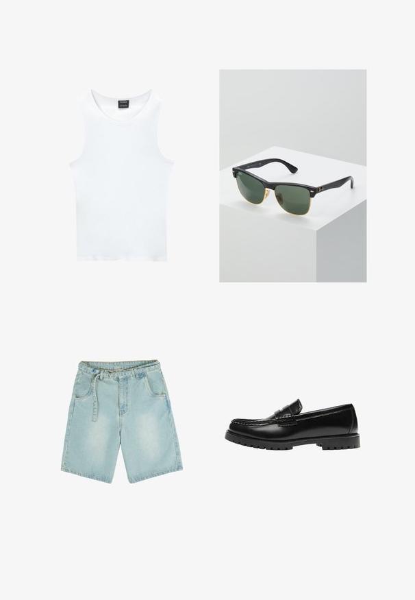 Hvid ærmeløs tanktop lavet af ribbet bomuld. Har en rund halsudskæring og en glat tekstur. Etiketten siger "PULL&BEAR."; Lysblå denimshorts med lige snit, fem lommer, bæltestropper og en falmet finish. Fremstillet af slidstærk bomuldsstof.; Sort læderloafer med en kraftig gummisål og klassiske penny-strap detaljer, vist fra ydersiden.; Ray-Ban solbriller med grønne linser, sorte plastikstel og gyldne detaljer ved kanterne. Firkantet form med mat finish.
