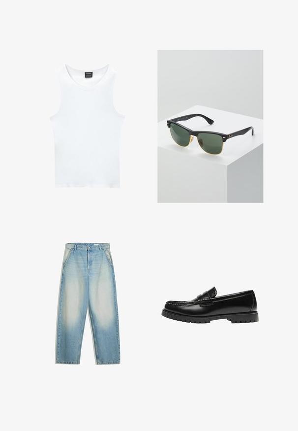 Biely bezrukávový top z rebrovanej bavlny. Má zaoblený výstrih a hladkú textúru. Štítok hovorí "PULL&BEAR."; Svetlomodré vyblednuté riflové nohavice vo voľnom strihu, s bočnými vreckami, pútkami na opasok a zapínaním na gombík v páse.; Čierna kožená mokasína s robustnou gumovou podrážkou a klasickým pásikom na penny, zobrazená z vonkajšej strany.; Slnečné okuliare Ray-Ban so zelenými sklami, čiernymi plastovými rámami a zlatými akcentami na okrajoch. Štvorcový tvar s matným povrchom.