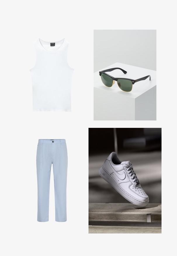 Biely bezrukávový top z rebrovanej bavlny. Má zaoblený výstrih a hladkú textúru. Štítok hovorí "PULL&BEAR."; Svetlomodré ľanové nohavice so striedmym strihom, prednými sklady a jedným gombíkom na zapínanie. Hladká textúra a žiadne viditeľné vzory.; Biely kožený teniska Nike Air Force 1 má perforovanú špičku, ploché šnúrky a štruktúrovanú gumovú podrážku s nápisom „AIR“ na boku.; Slnečné okuliare Ray-Ban so zelenými sklami, čiernymi plastovými rámami a zlatými akcentami na okrajoch. Štvorcový tvar s matným povrchom.