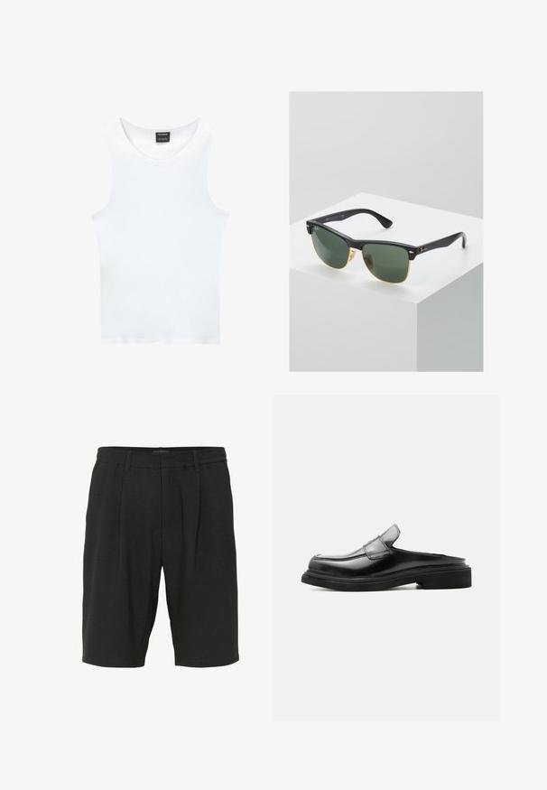 Weißes ärmelloses Tanktop aus geripptem Baumwollmaterial. Hat einen gerundeten Ausschnitt und eine glatte Textur. Das Etikett trägt die Aufschrift "PULL&BEAR."; Schwarze Shorts aus strukturiertem Stoff, mit lockerer Passform, Falten und einem elastischen Bund für zusätzlichen Komfort.; Schwarzer Lederloafer mit offenem Hacken, niedrigem Absatz und gesteppten Details entlang des Obermaterials und der Sohle, seitlich auf weißem Hintergrund abgebildet.; Ray-Ban Sonnenbrillen mit grünen Gläsern, schwarzen Kunststoffrahmen und goldenen Akzenten an den Rändern. Quadratische Form mit matter Oberfläche.