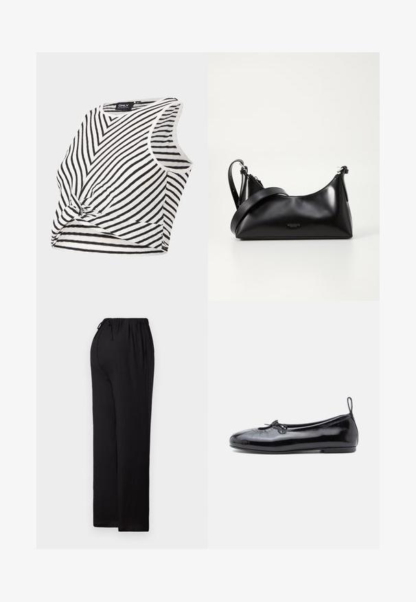 Schwarz-weiße gestreifte Umstandsbluse, ärmellos mit einem geknoteten Frontdetail, verfügt über eine gerippte Textur und einen runden Ausschnitt.; Schwarze, lässige Hose aus leichtem Material. Sie hat einen elastischen Bund mit Kordelzug, ein gerades Bein und einen flachen Saum.; Schwarze Lackleder-Ballerinas mit runder Zehenpartie, kleinen Schleifendetails und glatter Textur; verfügen über eine flache Laufsohle und eine Zuglasche an der Ferse.; Schwarze lederne Handtasche mit glatter Textur. Verfügt über einen verstellbaren Riemen und ein elegantes, minimalistisches Design mit einem Reißverschluss.