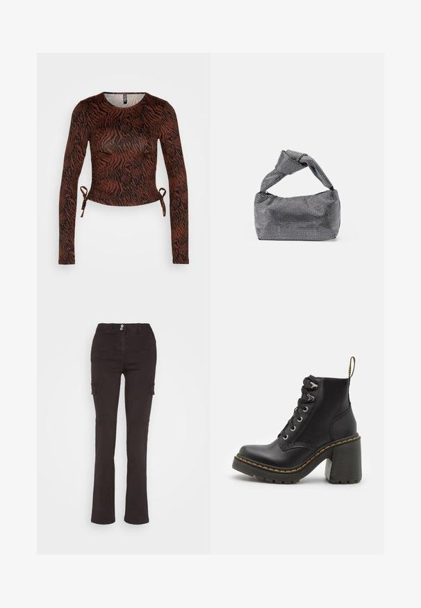 Pieces PCNALA CROP - Langarmshirt - chicory coffee/black; Weekday BRENDA SLIM CARGO TROUSER - Cargohose - grey dark; Schwarze Lederstiefelette mit einem klobigen hohen Absatz, Schnürung vorne, metallischen Ösen und gelben Nähten entlang der Sohle. Strukturierten Gummiaußensohle.; Schwarz-silberne Handtasche mit einer strukturierten Oberfläche, die ein Diamantmuster aufweist, einem geknoteten Griff und einer strukturierten Form.