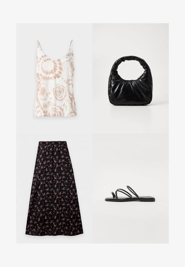 Débardeur blanc avec un décolleté en V, de délicates bretelles spaghetti et un motif tie-dye pêche. Texture légère et douce avec un design fluide.; Jupe noire trapèze avec taille élastique, présentant un petit motif floral rose uniformément réparti sur le tissu.; Call it Spring LUNAROSE - Sandales tongs - black; Sac à main noir rembourré avec une poignée arrondie, présentant une surface lisse et brillante ainsi qu'une texture douce et matelassée. Pas de quincaillerie ou d'accents visibles.