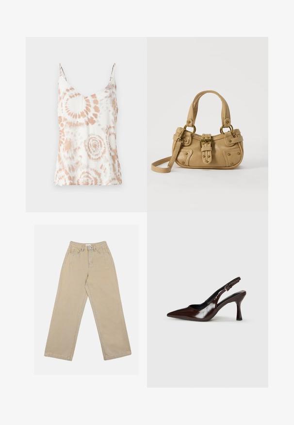 Top blanco sin mangas con escote en V, delicadas tiras finas y un patrón de tie-dye en melocotón. Textura ligera y suave con un diseño fluido.; Pantalones de mezclilla anchos en color beige, con una cintura alta, bolsillos frontales y costuras en contraste. El diseño incluye un cierre con botón.; Zapatos de tacón slingback de charol marrón con punta afilada, tacón delgado y correa ajustable con una pequeña hebilla.; Bolso de cuero beige con doble asa, hebilla y remaches de latón, y una correa de hombro ajustable sobre un fondo blanco.