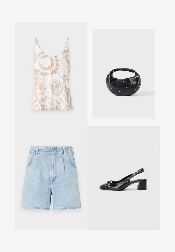 Weißes Tanktop mit V-Ausschnitt, zarten Spaghetti-Trägern und einem Pfirsich-Tie-Dye-Muster. Leichte, weiche Textur mit einem fließenden Design.; Helle blaue Jeansshorts mit hoher Taille, ausgestattet mit vorderen Falten, zwei seitlichen Taschen und einem Knopfverschluss. Weich, strukturiertes Material.; Schwarze Leder-Slingback-Pumps mit spitzem Vorderteil, strukturiertem Riemen mit runden metallischen Akzenten und gestapeltem Blockabsatz.; Schwarze Lederhandtasche mit abgerundeter Form, verziert mit silbernen Nietenakzenten und kurzem Griff. Glatte Struktur und Reißverschlussverschluss.