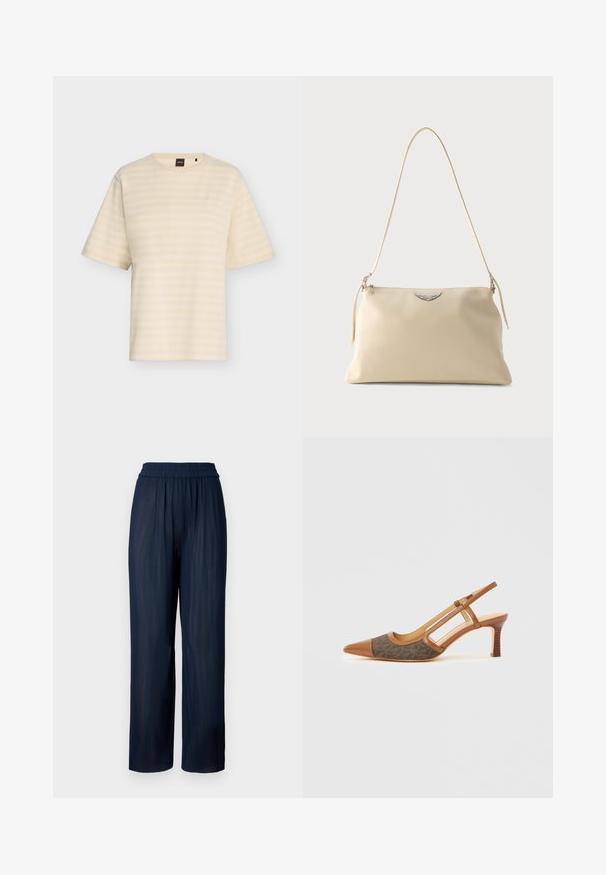 Beige lyhythihainen T-paita, jossa on hienovaraiset vaakasuorat valkoiset raidat ja vasemmassa rinnassa pieni kirjailtu logo.; Navy leveleirihousut, jotka on valmistettu poimutetusta kankaasta, sisältävät joustavyötärön ja pehmeän tekstuurin, suunniteltu mukavuutta ja liikkumisvapautta varten.; Ruskeat nahkaiset slingback-kengät, joissa on kärkikärkinen kärki, tummalla kuvioidulla kangaspaneelilla ja pinoidulla korolla. Avoimet sivut ja sileä pinta.; Kermanvärinen nahkainen olkalaukku, jossa hopeinen siipikuvio ja ohut hihna yksiväristä taustaa vasten.
