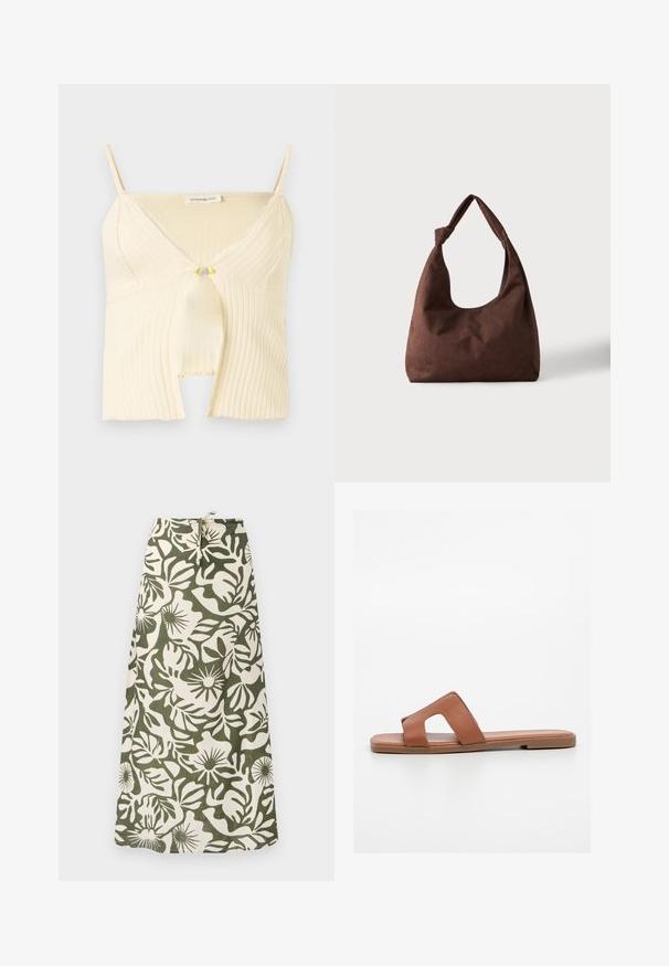 Crop top sans manches en maille côtelée crème avec col en V, bordure en dentelle, détail œillet sur le devant et bretelles réglables.; Jupe longue en tissu avec un motif floral vert et crème, dotée d'une taille à cordon et d'une finition douce et texturée.; Sandale à glissière en cuir marron avec un design à orteils ouverts, une large bride avec un détail découpé, une semelle plate et une texture lisse.; Sac à main en tissu marron texturé avec une seule anse nouée, présenté sur un fond clair uni.