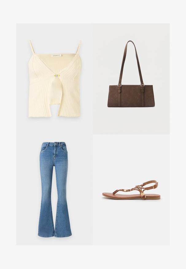 Top corto sin mangas de punto acanalado en color crema con escote en V, ribete de encaje, detalle de abertura en la parte delantera y tirantes ajustables.; Jeans acampanados de denim azul, con una cintura alta, cierre de cremallera y botón, y un diseño desgastado con sutiles detalles de arrugas.; Sandalias planas de cuero marrón con diseño trenzado, tiras finas, detalles en dorado y una suela cómoda. Estilo de punta abierta.; Bolso marrón rectangular de hombro con correas largas y detalles mínimos de costura sobre un fondo liso.