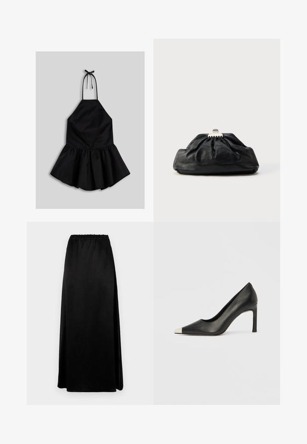 Vestido negro sin mangas con cuello halter con lazo y falda acampanada y fruncida sobre fondo gris.; Larga falda negra con una textura suave y arrugada y una cintura elástica. Presenta una abertura lateral que facilita el movimiento y una silueta elegante.; Zapato de tacón alto de cuero negro con punta en forma de pico y una tapa metálica plateada. Presenta un acabado suave y un tacón delgado de 10 cm.; Bolso de mano de cuero negro con textura recogida, cierre de broche metálico y logo en relieve sutil en el frente. Forma redondeada.
