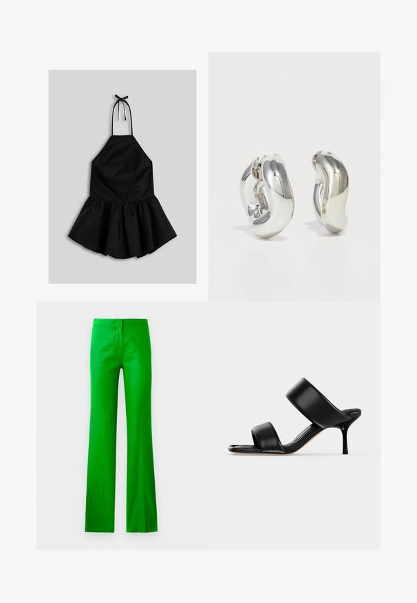 Robe noire sans manches à col licou avec un nœud au cou et une jupe évasée et froncée sur fond gris.; Pantalons évasés vert vif en tissu lisse, avec une taille plate et sans poches visibles. Design épuré et minimaliste.; Sandale mule en cuir noir avec deux larges brides et un talon stiletto fin de hauteur moyenne sur un fond clair uni.; Boucles d'oreilles sculpturales en argent avec des formes douces et courbes et des surfaces réfléchissantes. Présentent un design de boucle fermée et une forme organique distincte.