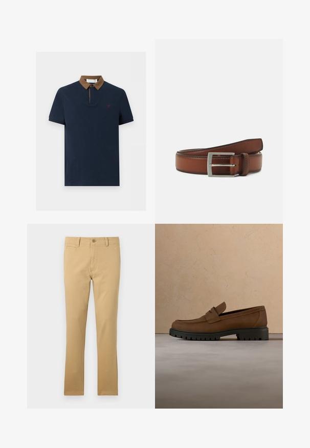 Marineblauw poloshirt met korte mouwen, een bruine corduroy kraag en een klein rood geborduurd logo op de linkerborst.; Khaki broek van katoen, met een rechte pijpdesign, voorzakken, een knoopsluiting en een subtiele stofstructuur.; Donkerbruine leren loafer met dikke zwarte rubberen zool, getoond boven een beige tapijt en bankachtergrond.; Bruine leren riem met een zilveren rechthoekige gesp, met subtiele stikdetails en een gladde textuur.